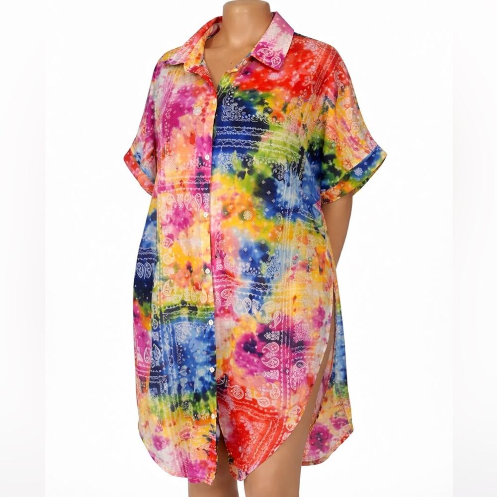 Paper + Tee Tie Dye Paisley Tunic Shirt Dress 2X Multicolor Button Front